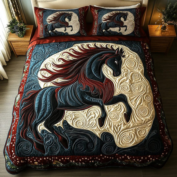 Bold Horse quilted 3-piece bedding set on a made bed in a rustic timber bedroom