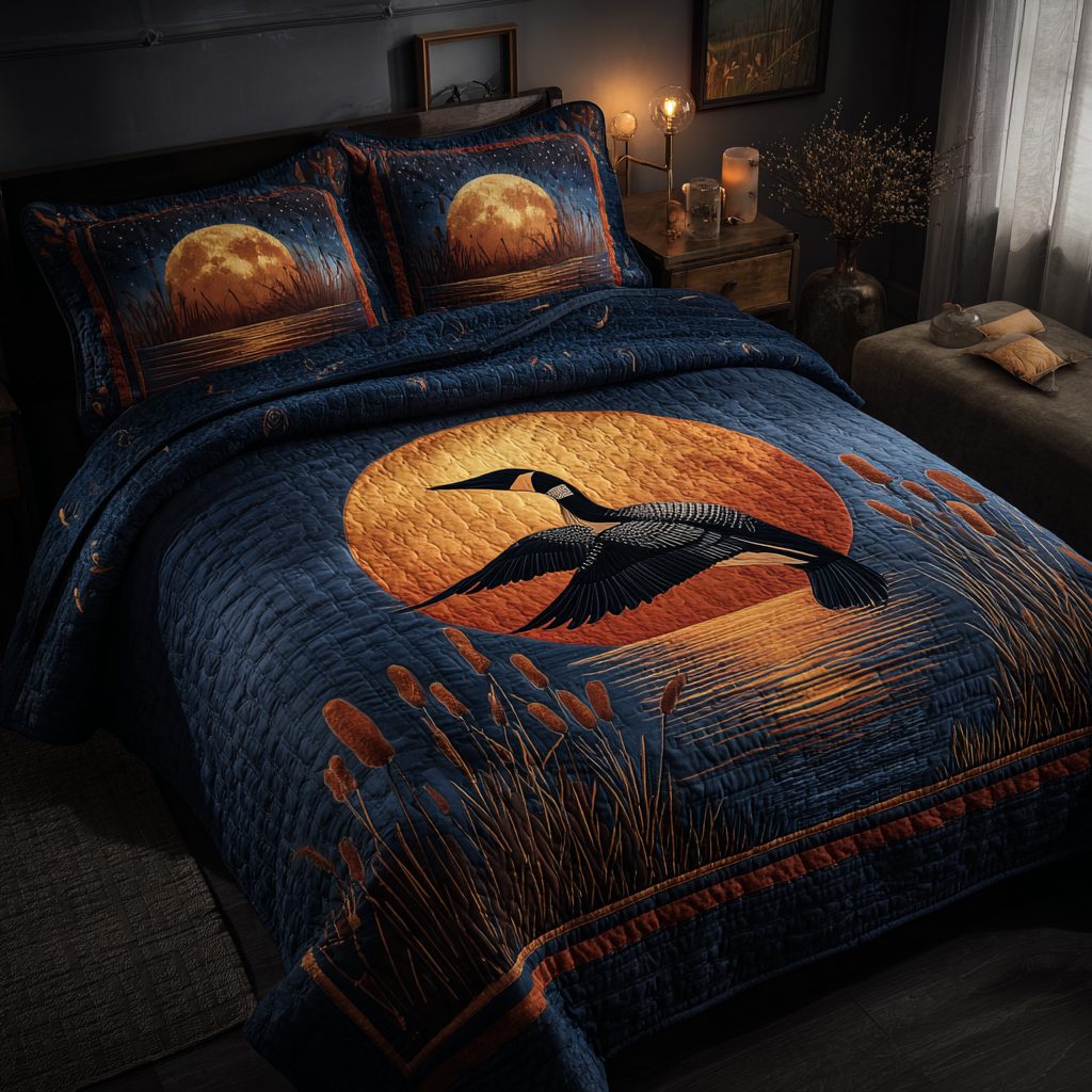 Bold Loon quilted 3-piece bedding set on a made bed with two matching pillow shams