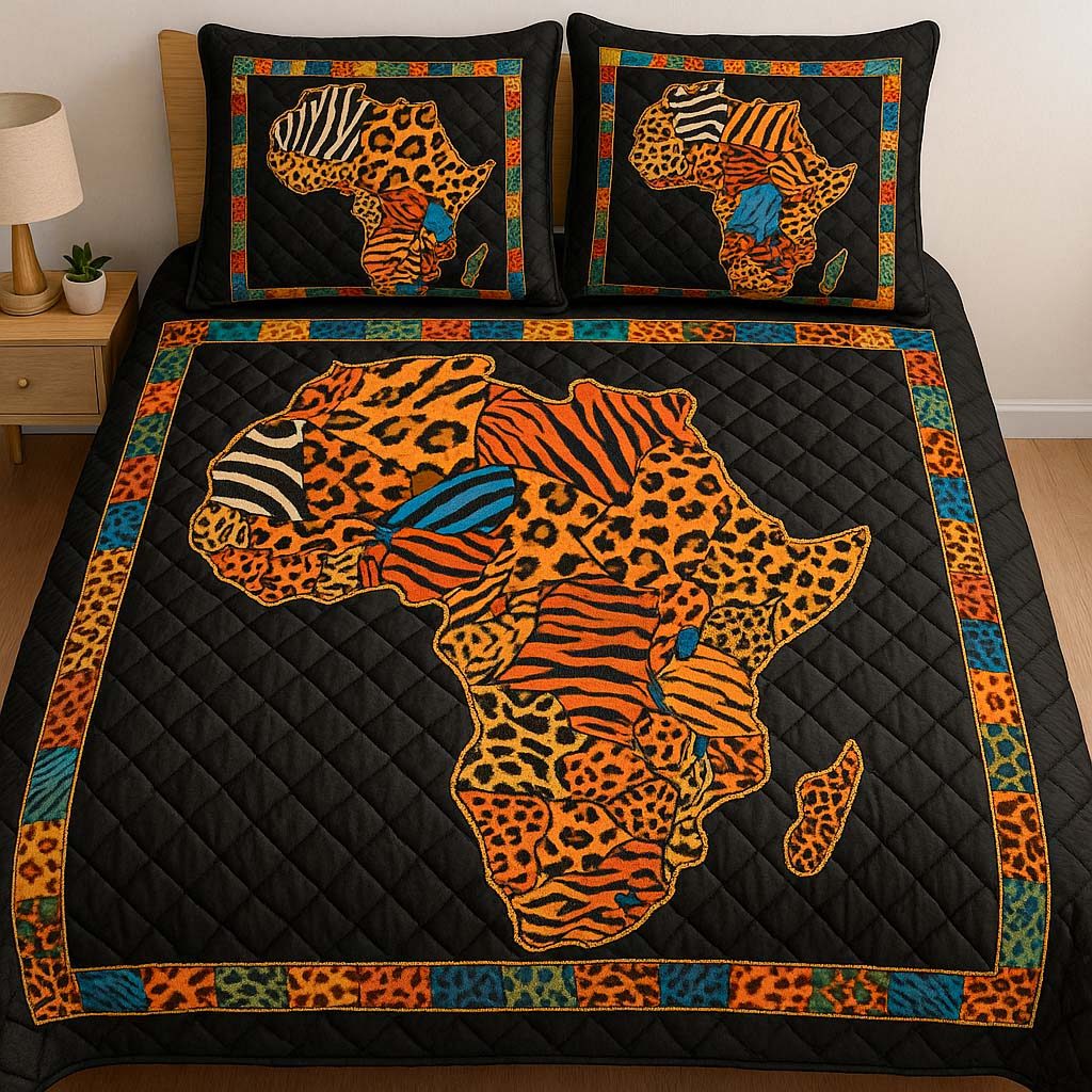 Bold Safari Map quilted 3-piece bedding set on a made bed with two matching pillow shams