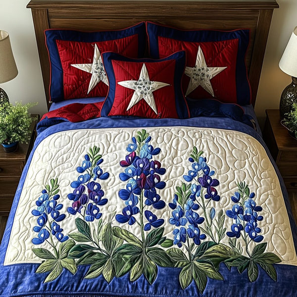 Bold Texas quilted 3-piece bedding set on a made bed in a rustic timber bedroom