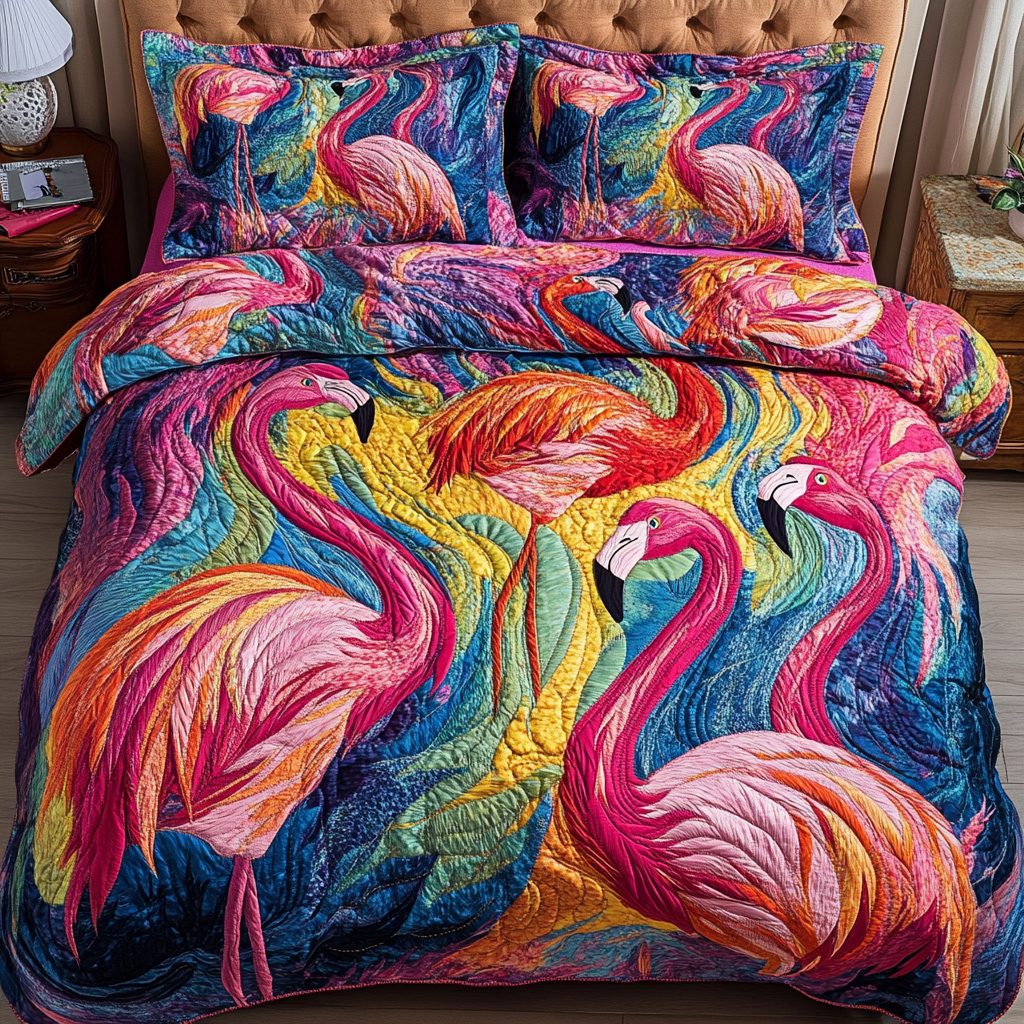 Bold Tropics quilted 3-piece bedding set on a made bed with two matching pillow shams