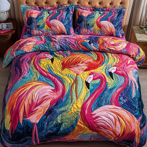 Bold Tropics quilted 3-piece bedding set on a made bed with two matching pillow shams