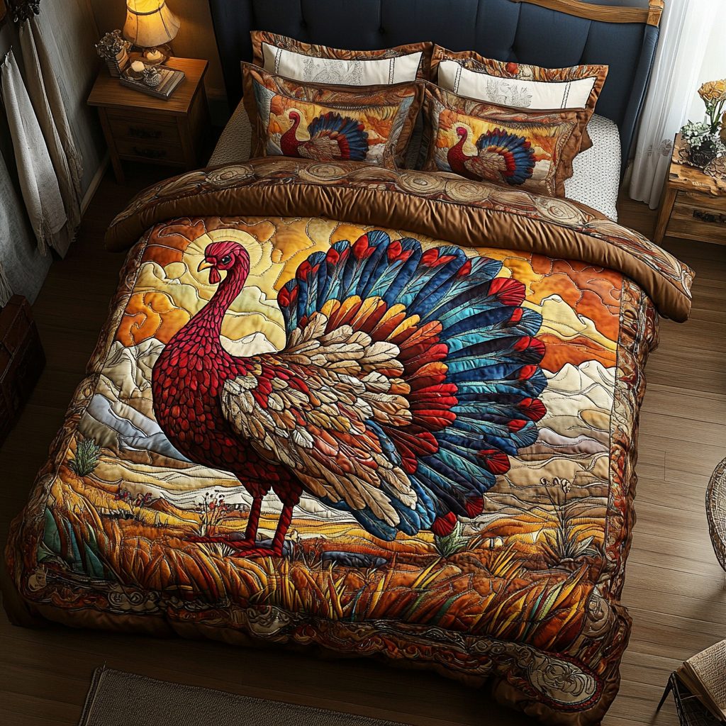 Bold Turkeys quilted 3-piece bedding set on a made bed with two matching pillow shams