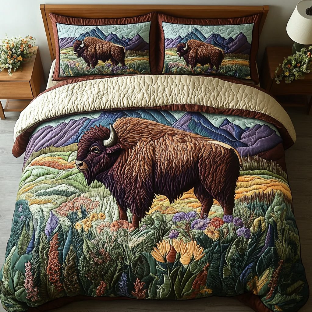 Bold Wilderness quilted 3-piece bedding set on a made bed with two matching pillow shams