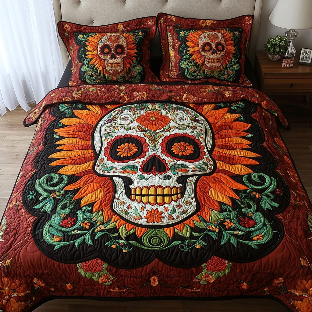 Bone Blossom quilted 3-piece bedding set on a made bed against a dark styled interior