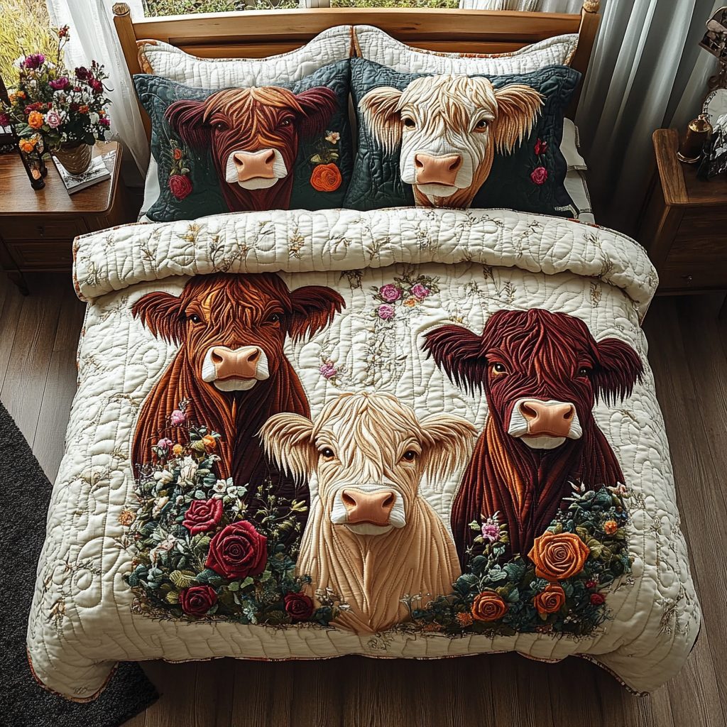 Bonnie Bovine quilted 3-piece bedding set on a made bed with two matching pillow shams