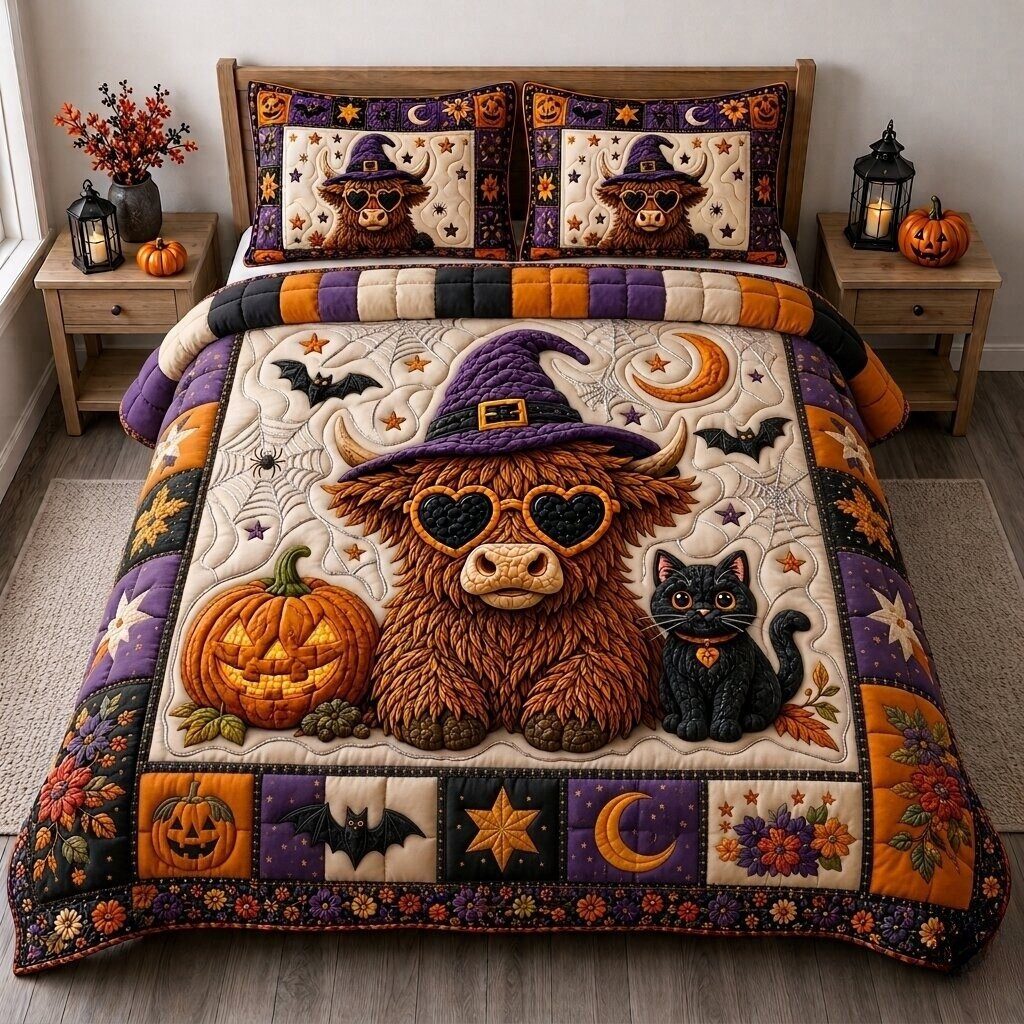 Boo Cow quilted 3-piece bedding set on a made bed with two matching pillow shams