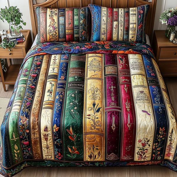 Book Haven quilted 3-piece bedding set on a made bed with two matching pillow shams