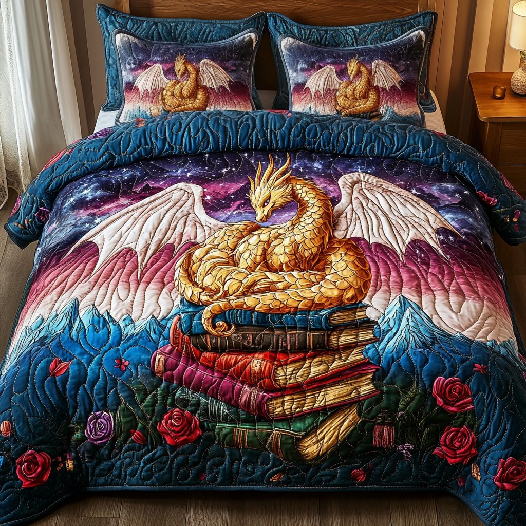 Book Hoard quilted 3-piece bedding set on a made bed with two matching pillow shams