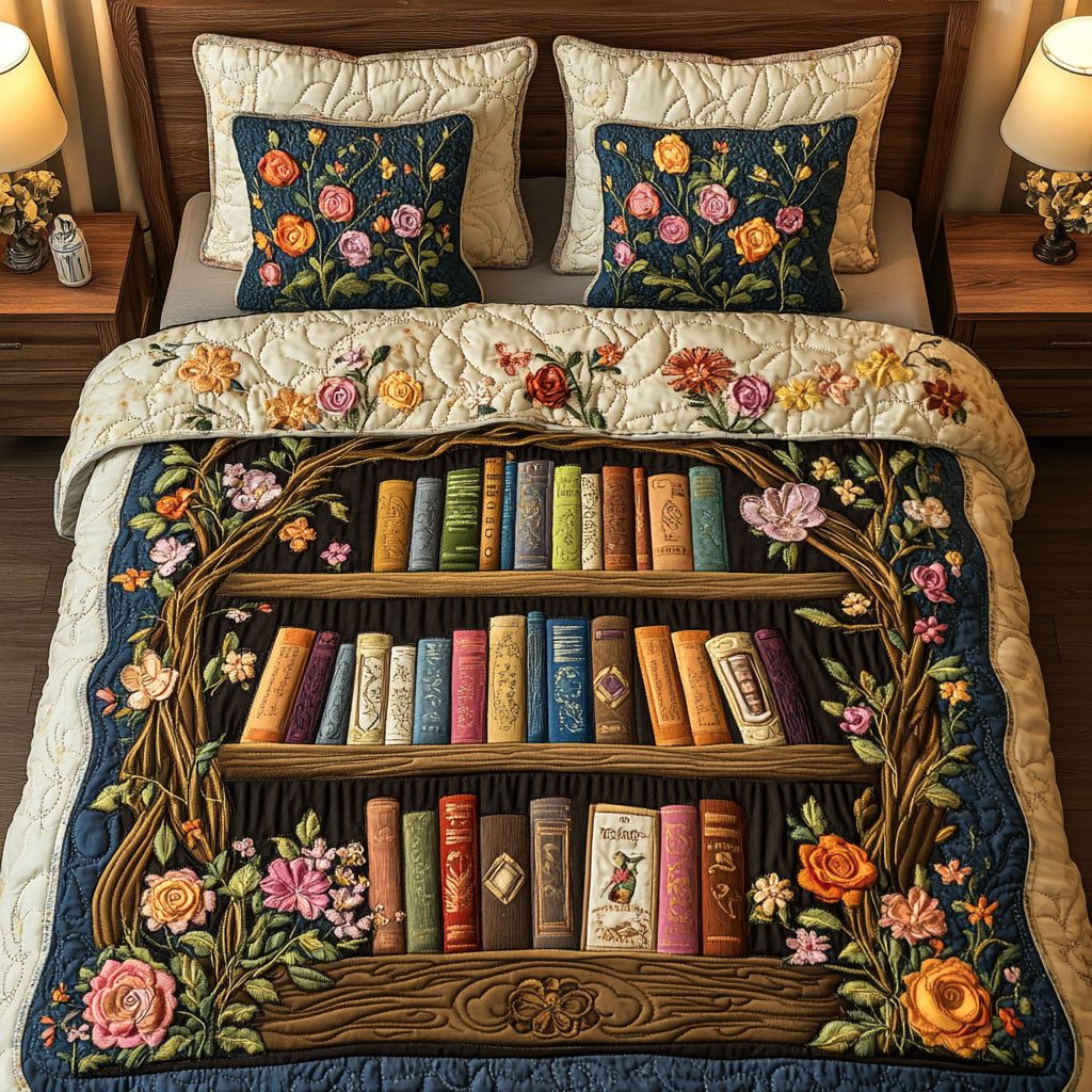 Book Lover Paradise quilted 3-piece bedding set on a made bed with two matching pillow shams