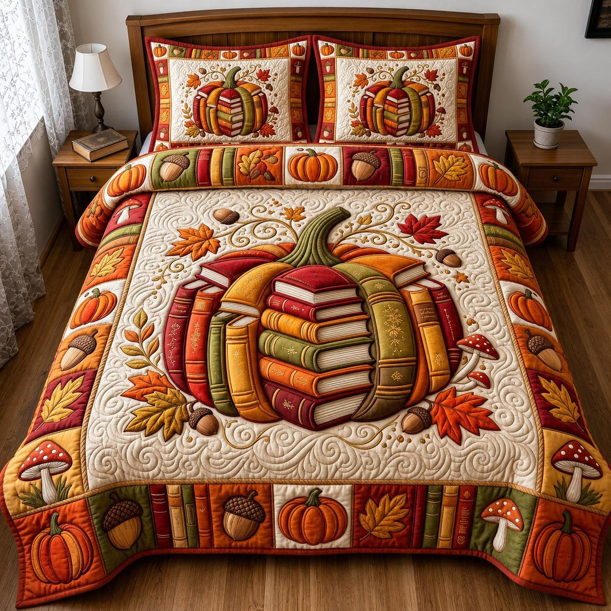 Book Lover quilted 3-piece bedding set on a made bed with two matching pillow shams
