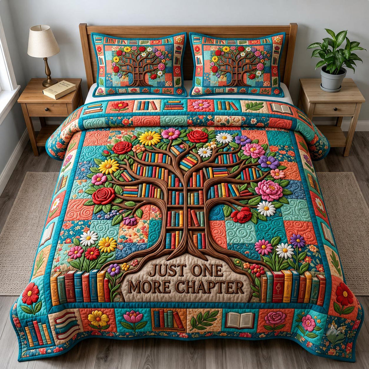 Book Lover quilted 3-piece bedding set on a made bed with two matching pillow shams