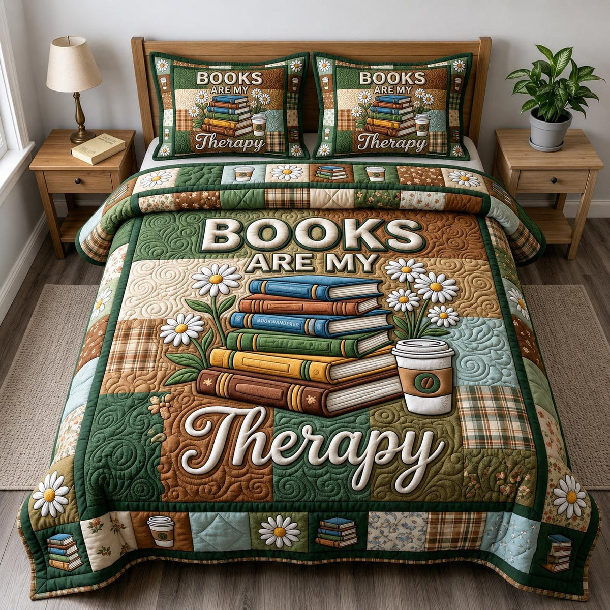 Book Lover quilted 3-piece bedding set on a made bed with two matching pillow shams