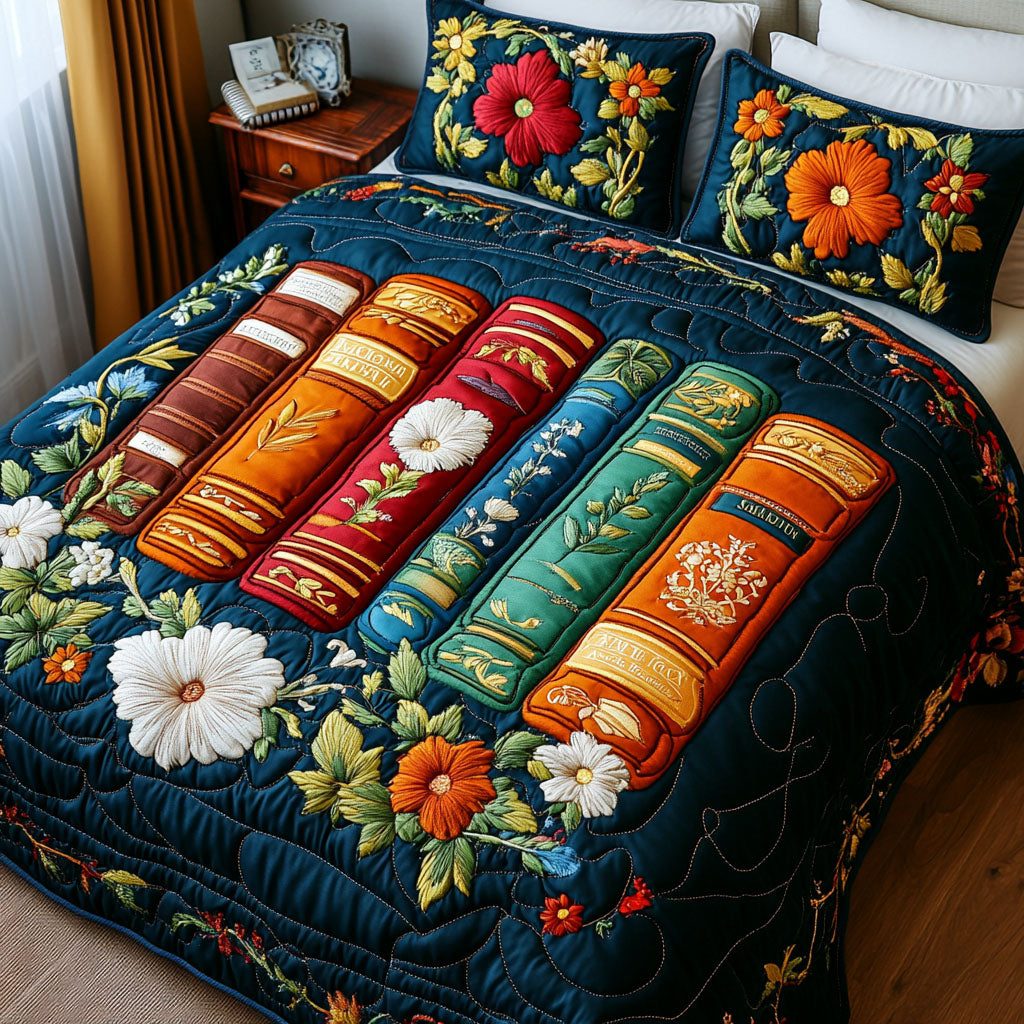 Book Lovers Dream quilted 3-piece bedding set on a made bed with two matching pillow shams