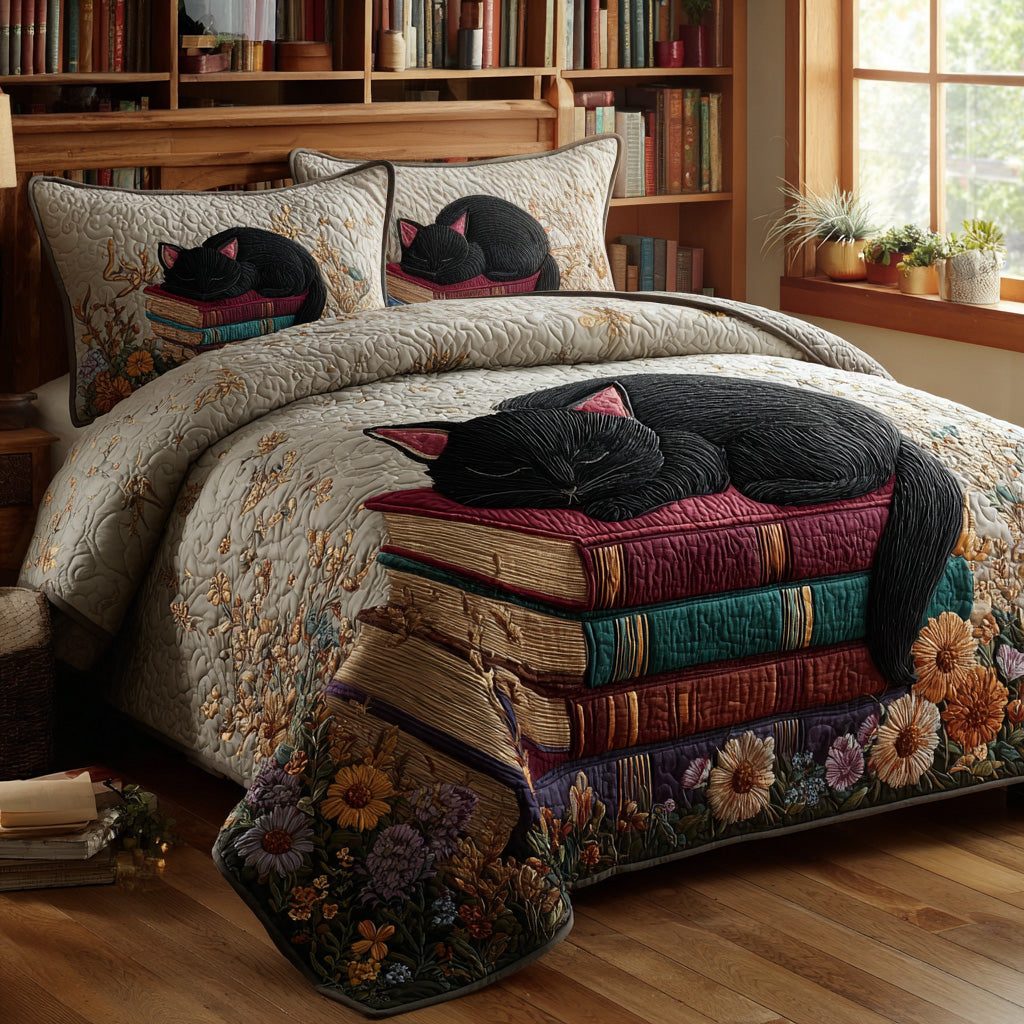Book Naps quilted 3-piece bedding set on a made bed with two matching pillow shams