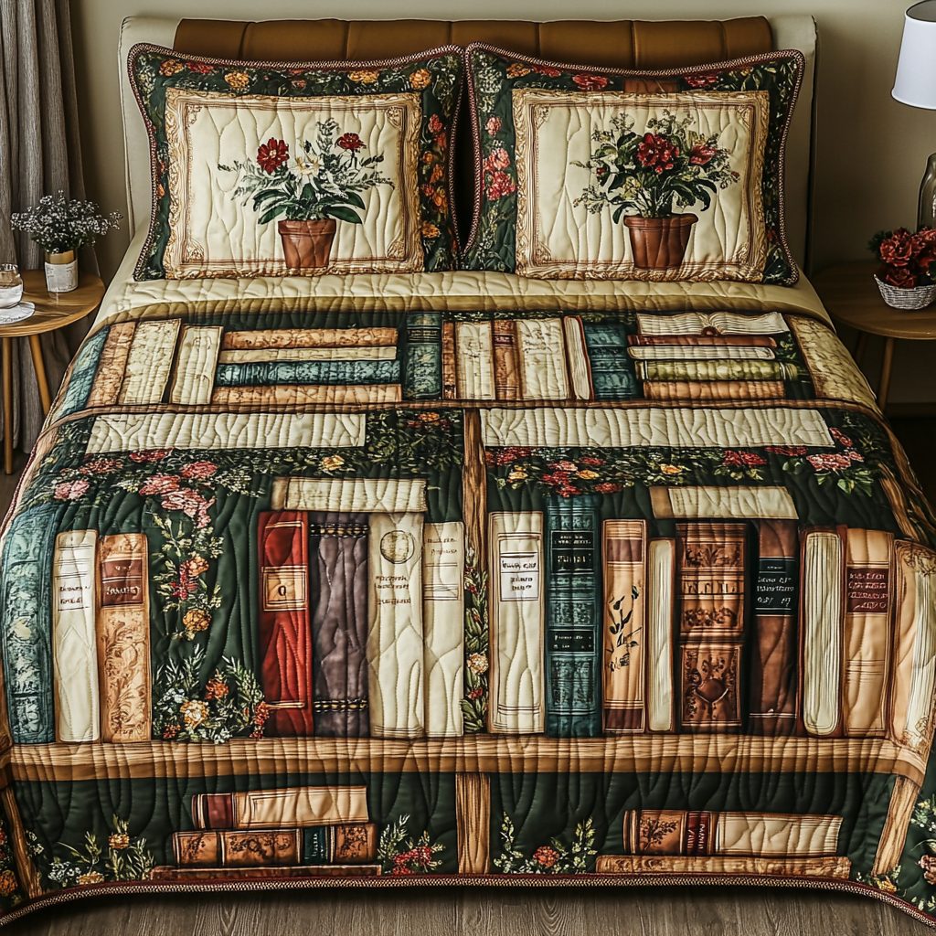 Book Nook quilted 3-piece bedding set on a made bed with two matching pillow shams