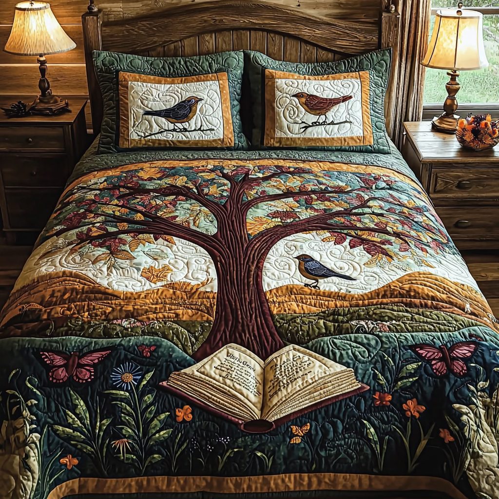 Bookish Dreams quilted 3-piece bedding set on a made bed with two matching pillow shams
