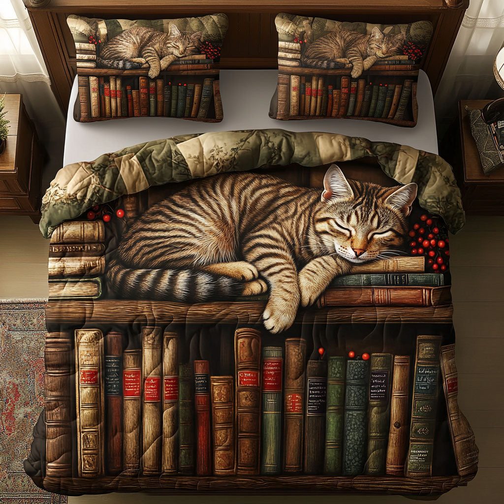 Bookish Paws quilted 3-piece bedding set on a made bed with two matching pillow shams