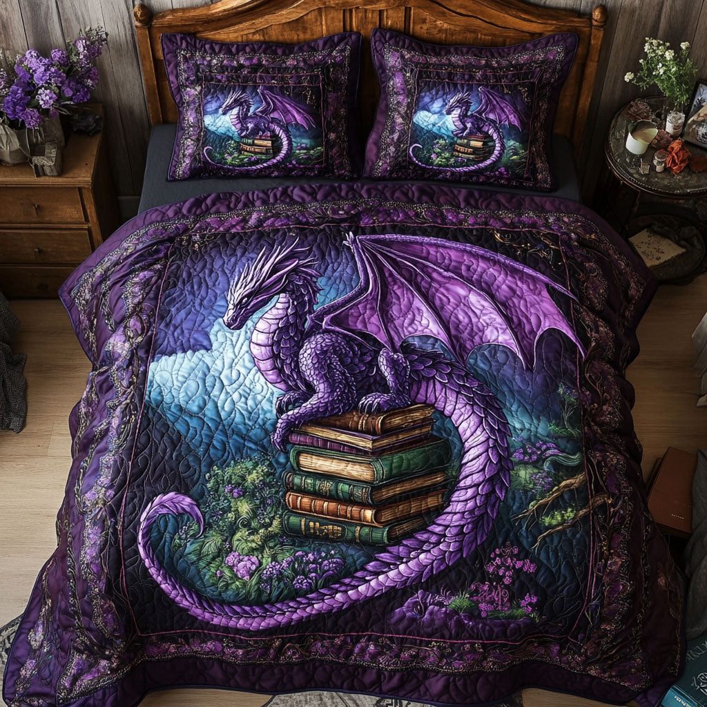 Bookkeepers Fury quilted 3-piece bedding set on a made bed with two matching pillow shams