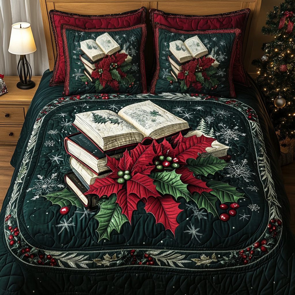 Books And Blooms quilted 3-piece bedding set on a made bed with two matching pillow shams