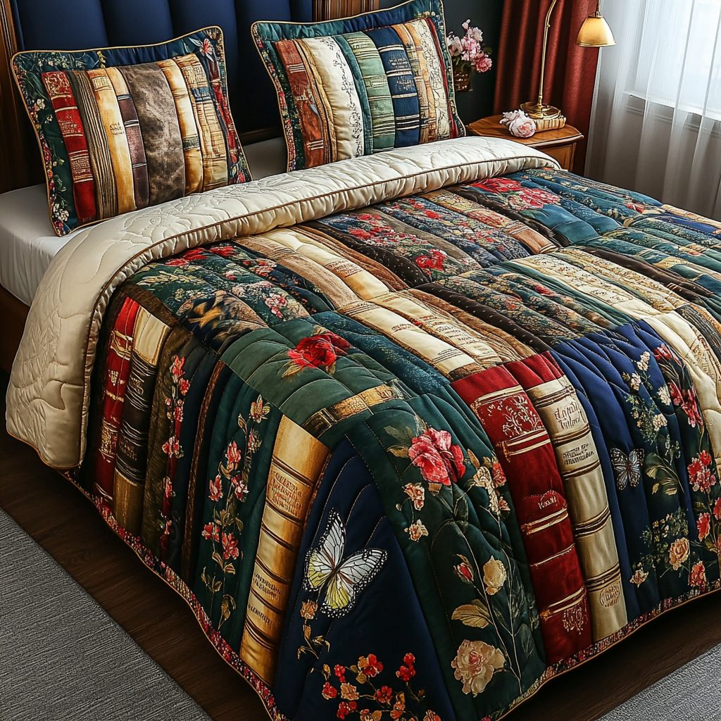 Books Blossoms quilted 3-piece bedding set on a made bed with two matching pillow shams