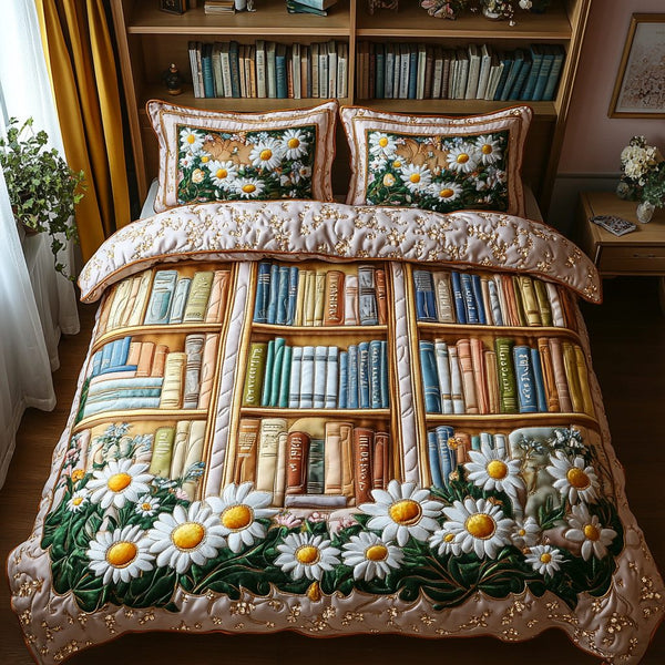 Bookshelf Heaven quilted 3-piece bedding set on a made bed in a softly lit bedroom