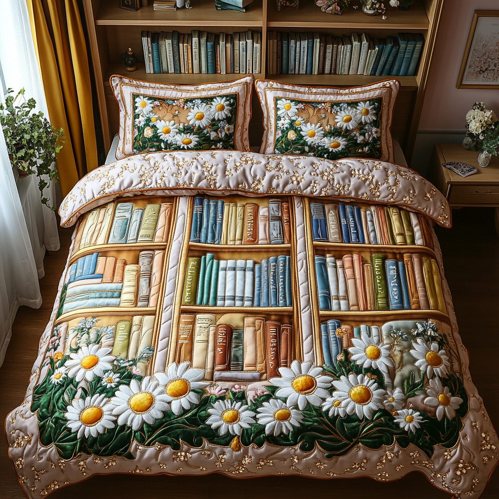 Bookshelf Heaven quilted 3-piece bedding set on a made bed in a softly lit bedroom