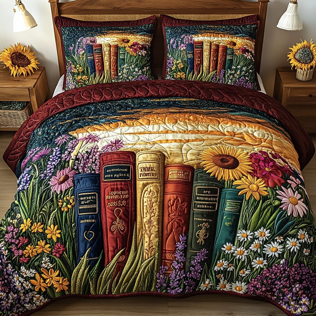 Bookworm Bliss quilted 3-piece bedding set on a made bed with two matching pillow shams