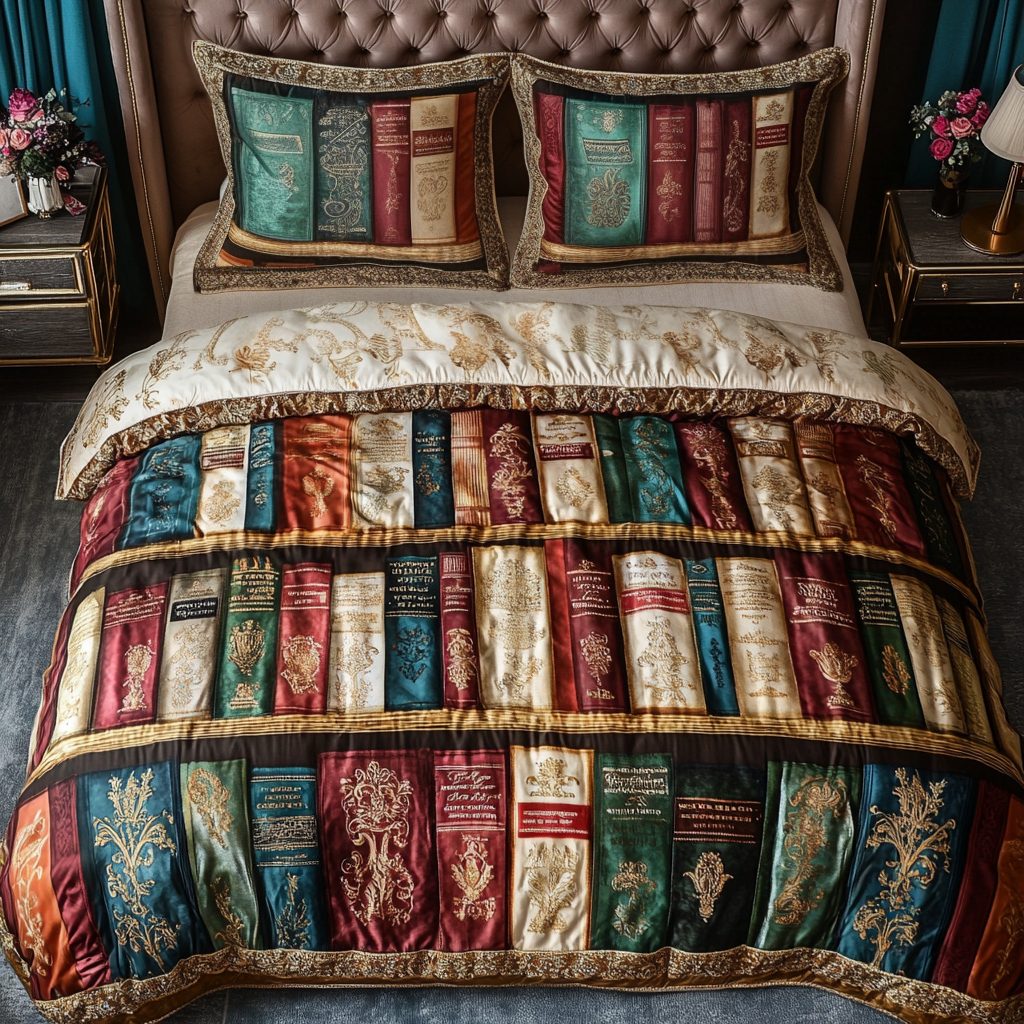 Bookworm Haven quilted 3-piece bedding set on a made bed with two matching pillow shams