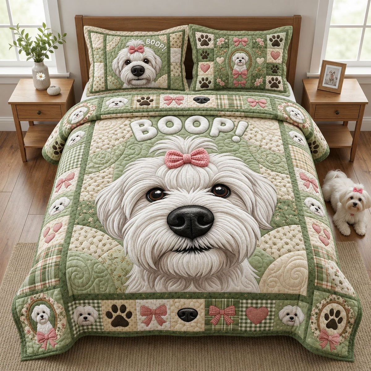 Boop Maltese quilted 3-piece bedding set on a made bed with two matching pillow shams