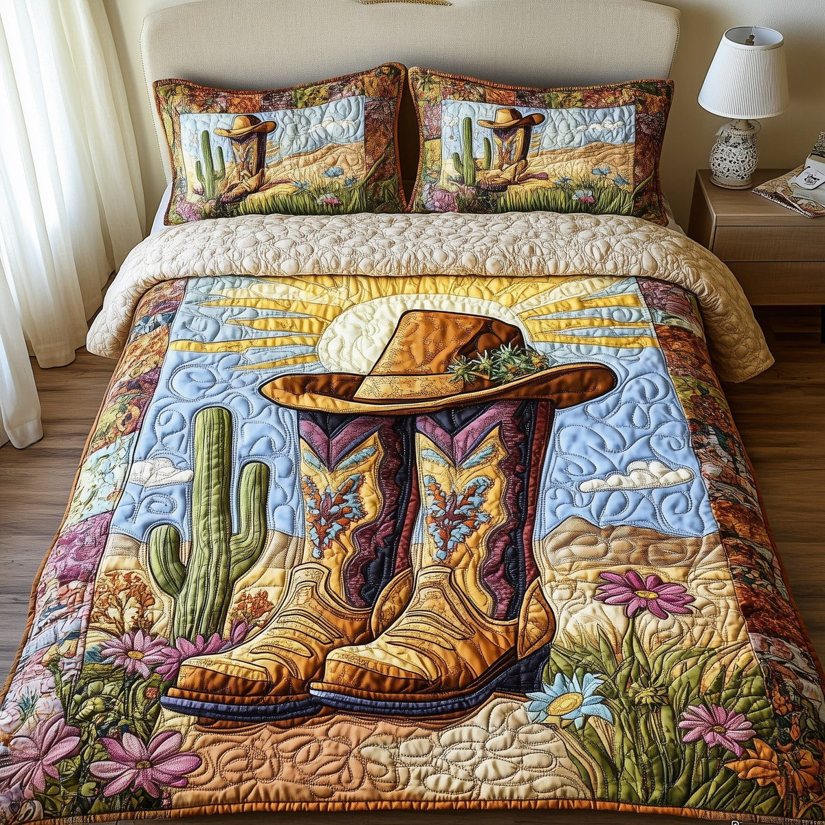 Bootsteps to Home quilted 3-piece bedding set on a made bed with two matching pillow shams
