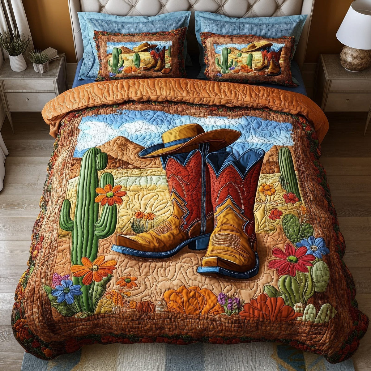 Bootsteps to Home quilted 3-piece bedding set on a made bed with two matching pillow shams
