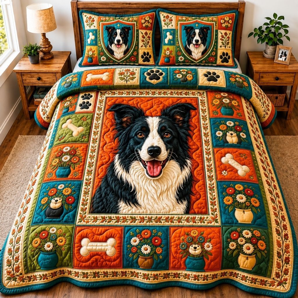 Border Collie Adventure quilted 3-piece bedding set on a made bed in a winter-styled bedroom