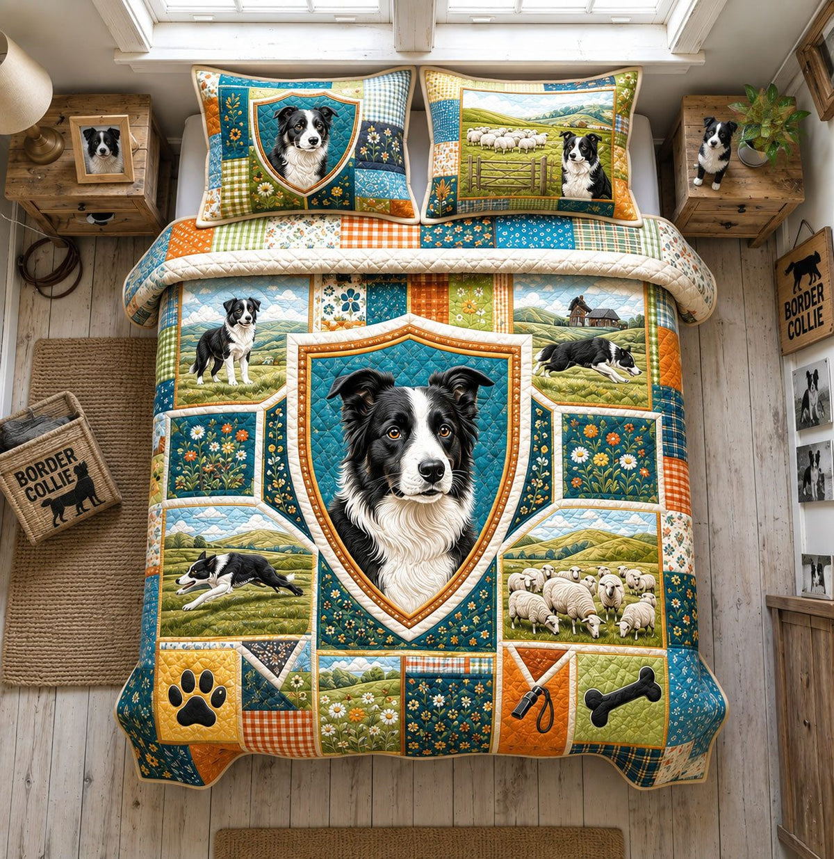 Border Collie Farm Guardian quilted 3-piece bedding set on a made bed with two matching pillow shams
