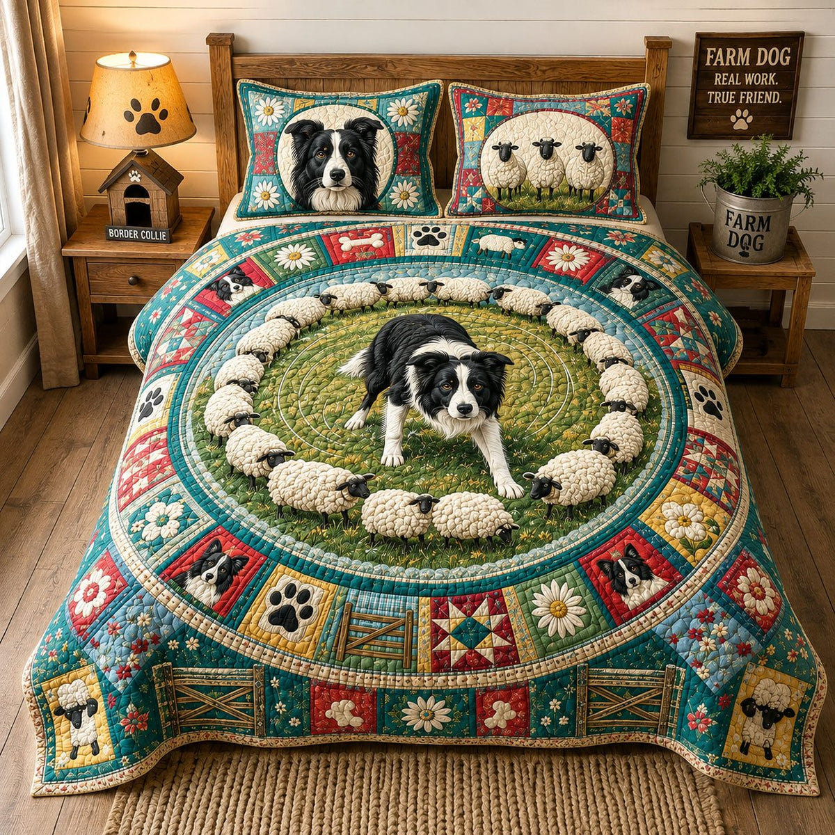 Border Collie Herding Day quilted 3-piece bedding set on a made bed with two matching pillow shams