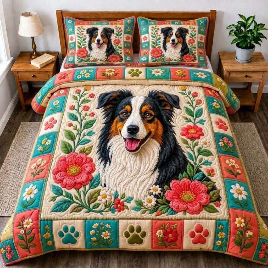 Border Collie Spirit quilted 3-piece bedding set on a made bed with two matching pillow shams
