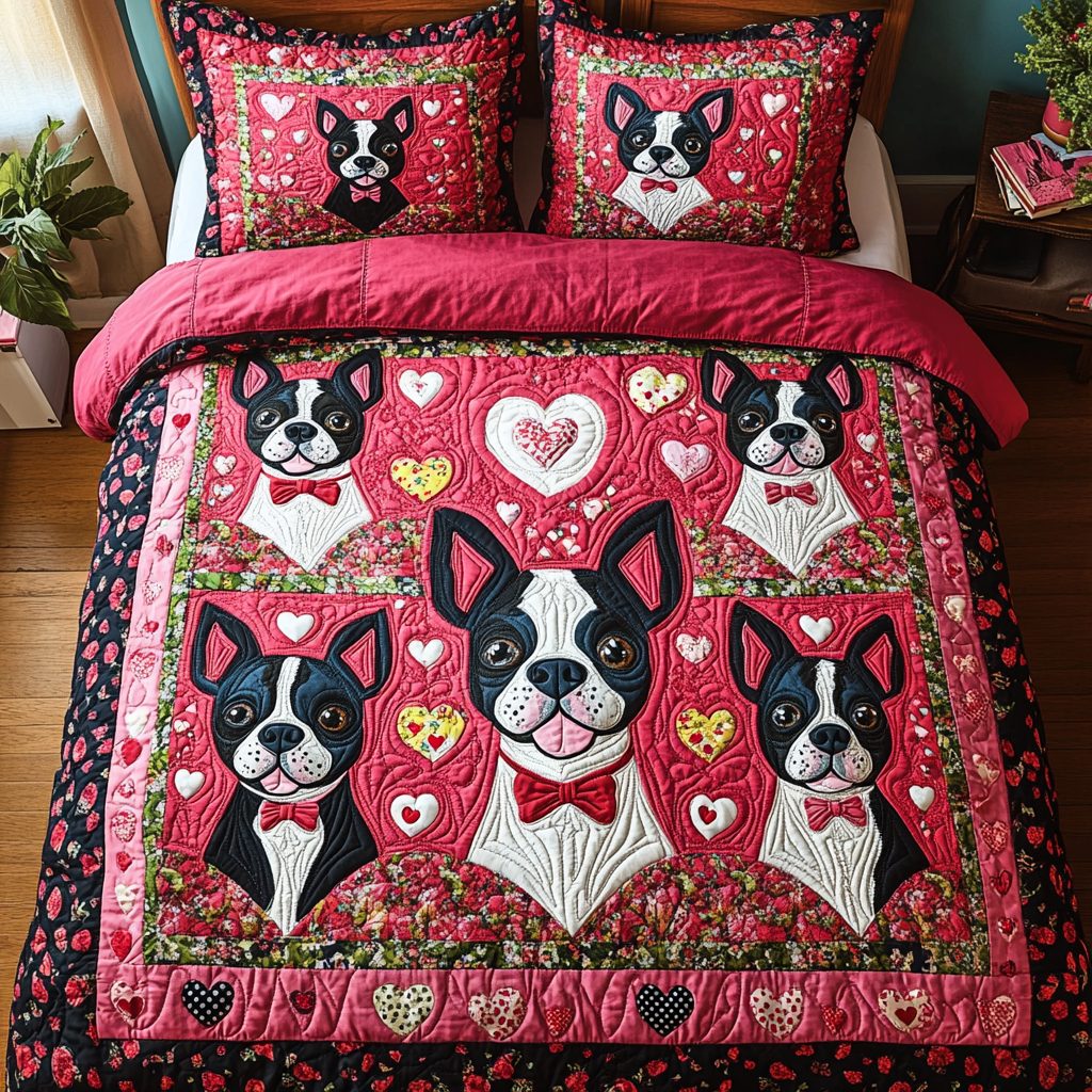 Boston Terrier Charm quilted 3-piece bedding set on a made bed with two matching pillow shams