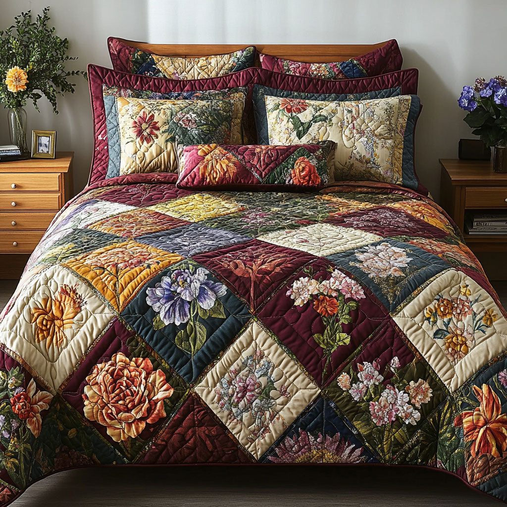 Botanical Beauty quilted 3-piece bedding set on a made bed with two matching pillow shams