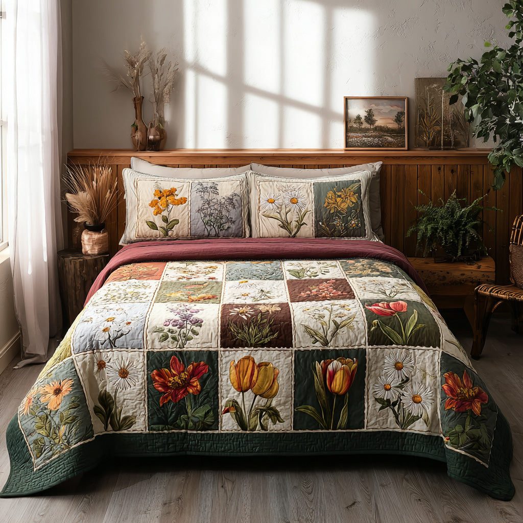 Botanical Blend quilted 3-piece bedding set on a made bed with two matching pillow shams