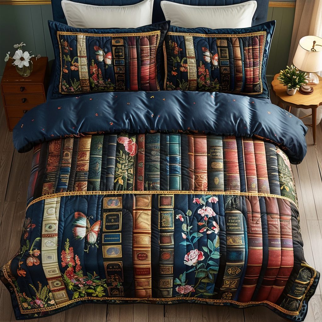 Botanical Book Nook quilted 3-piece bedding set on a made bed with two matching pillow shams