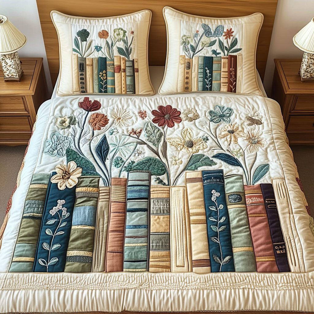 Botanical Book Nook quilted 3-piece bedding set on a made bed with two matching pillow shams