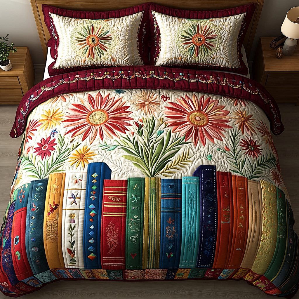 Botanical Bookshelf quilted 3-piece bedding set on a made bed with two matching pillow shams