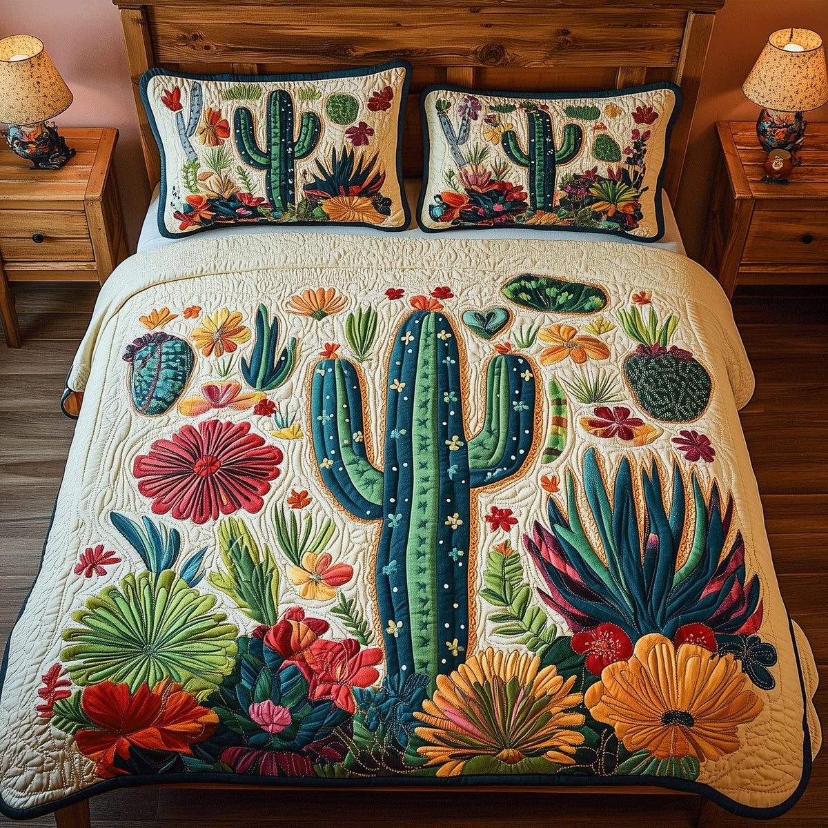Botanical Cactus quilted 3-piece bedding set on a made bed with two matching pillow shams