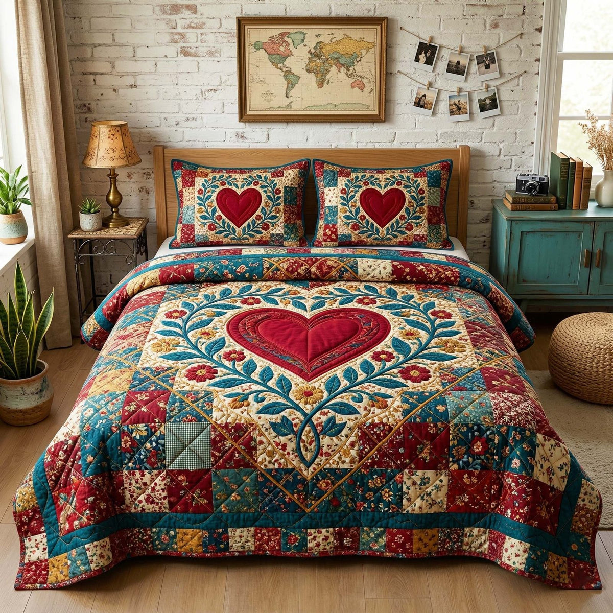 Botanical Heart quilted 3-piece bedding set on a made bed with two matching pillow shams