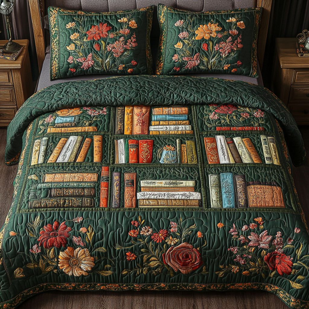Botanical Library Dream quilted 3-piece bedding set on a made bed with two matching pillow shams