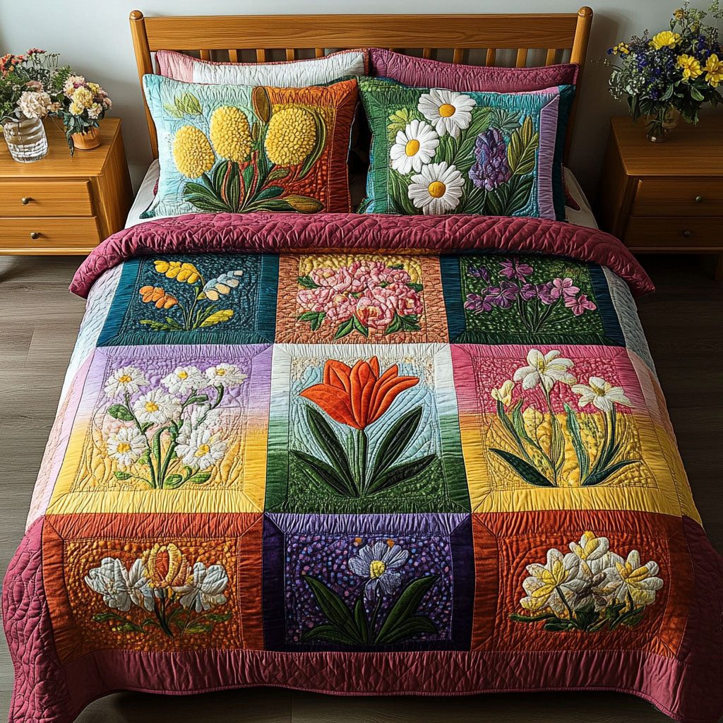 Botanical Serenity quilted 3-piece bedding set on a made bed with two matching pillow shams