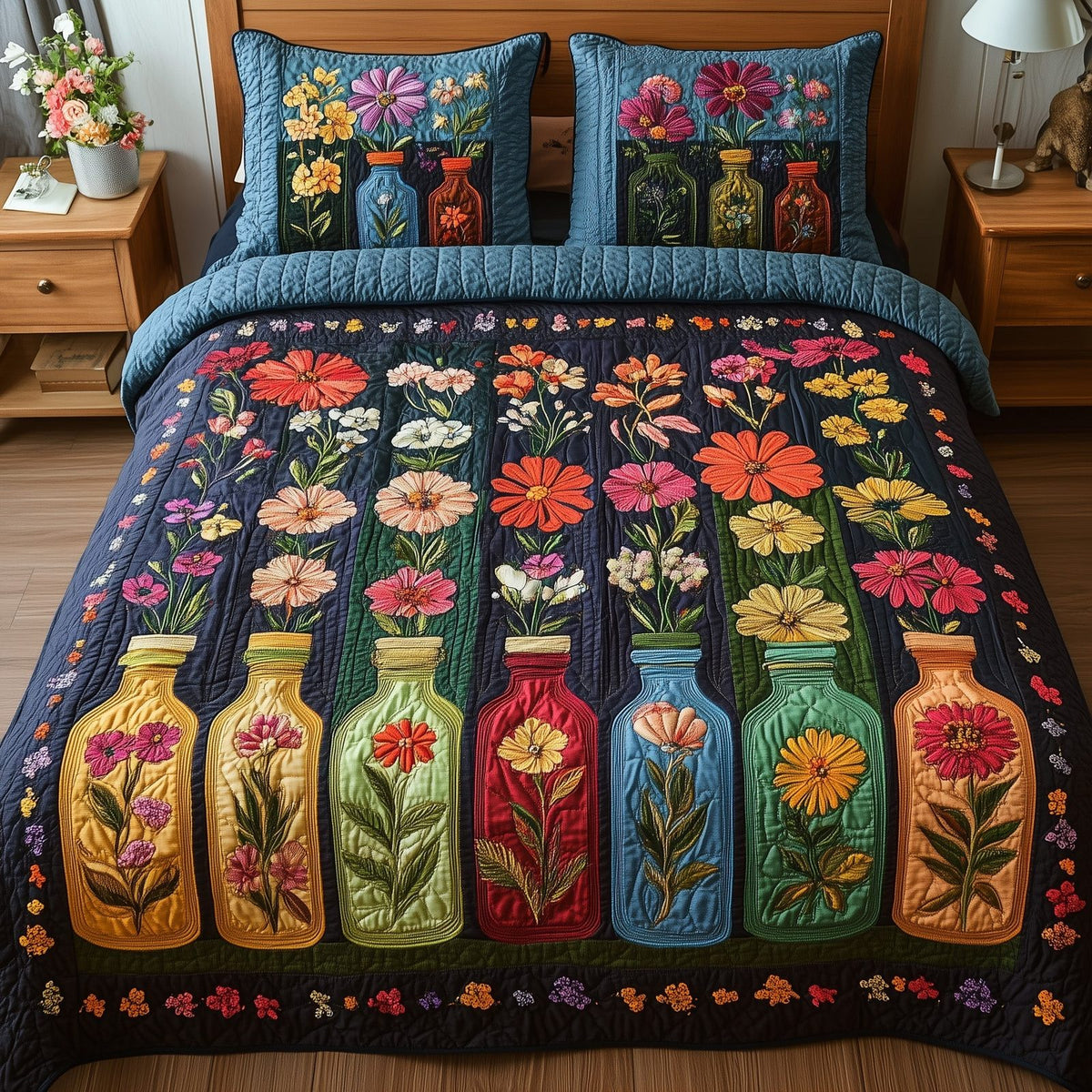 Bottle Of Blossom quilted 3-piece bedding set on a made bed with two matching pillow shams