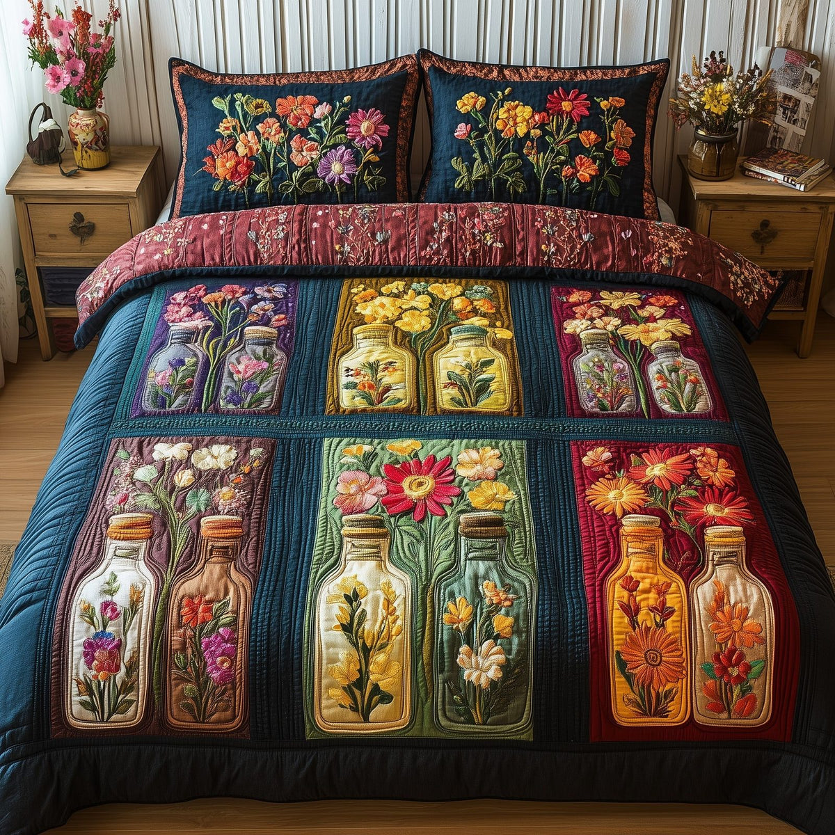 Bottle Of Blossom quilted 3-piece bedding set on a made bed with two matching pillow shams