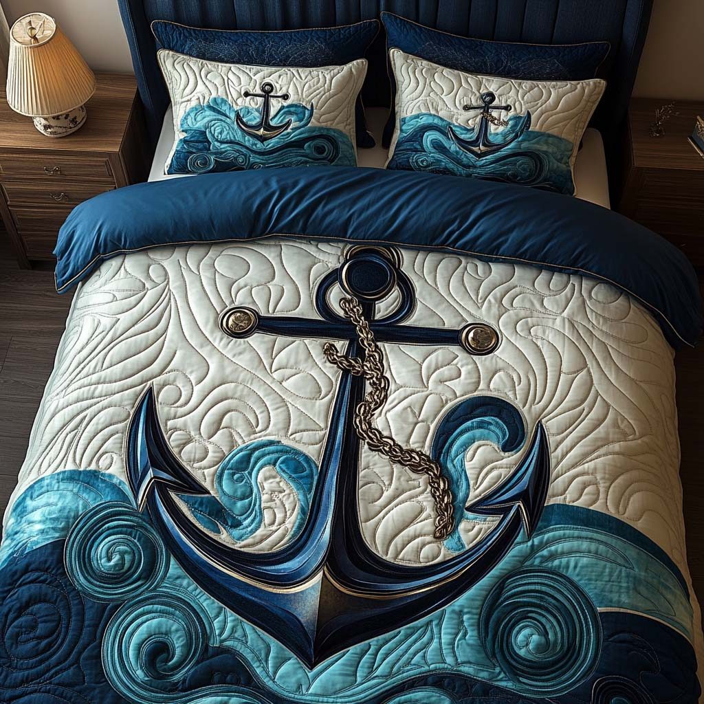Bound By the Sea quilted 3-piece bedding set on a made bed in a light coastal bedroom