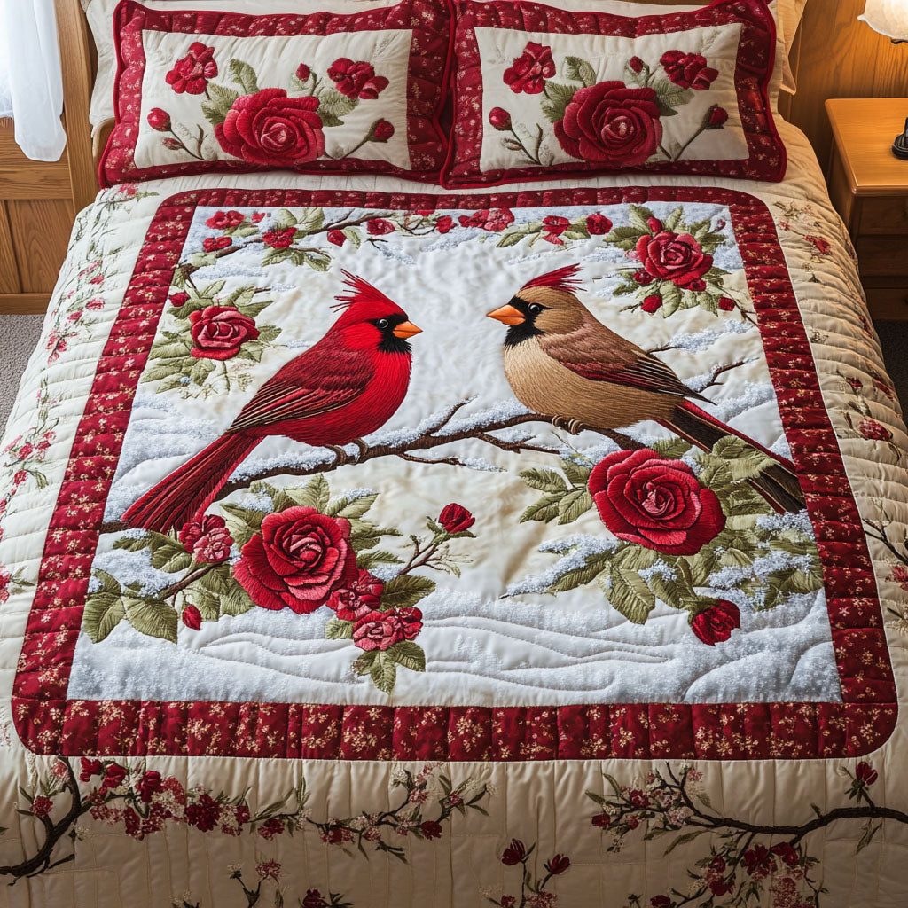 Bound by Wings quilted 3-piece bedding set on a made bed with two matching pillow shams